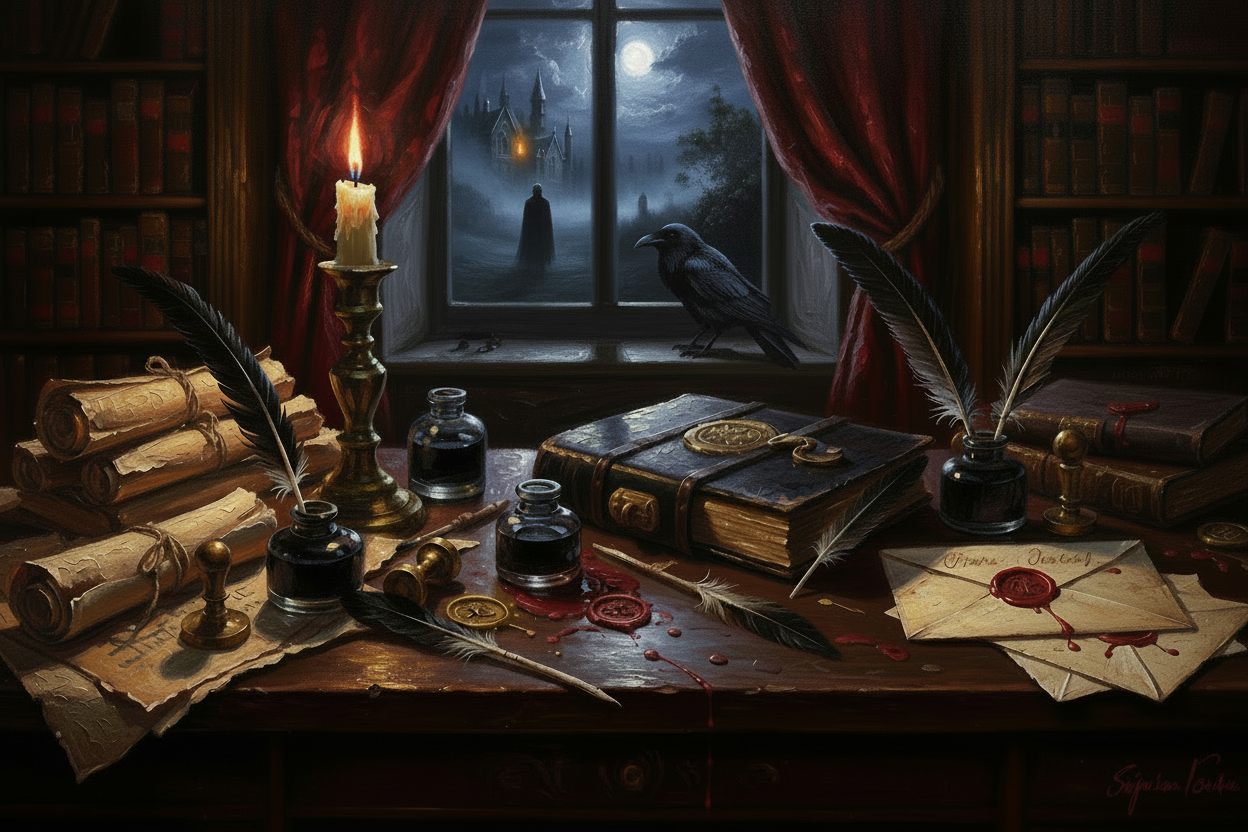 Ink, Angst & Orders - Gothic Victorian Oil Painting Banner with Tower Light