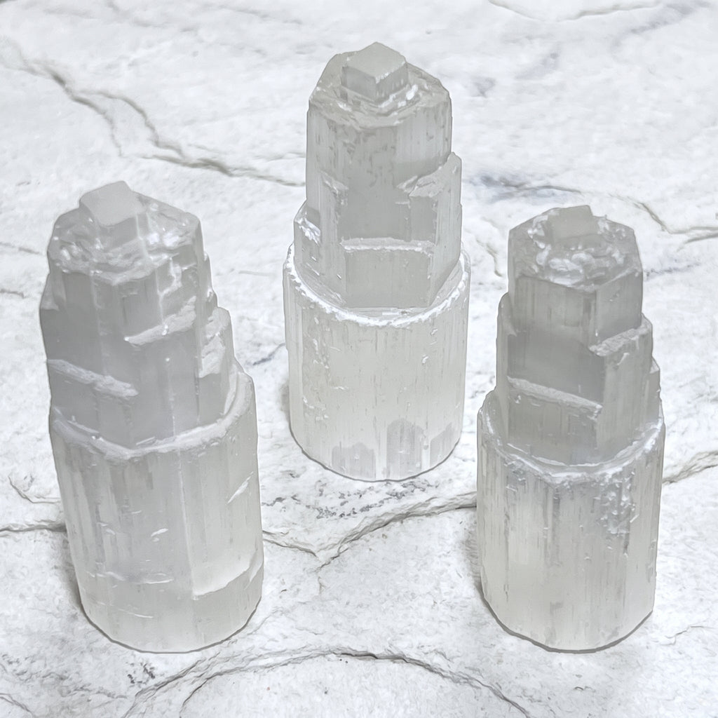 Selenite Satin Spar Crystal Standing Tower Carving (4 Inch)